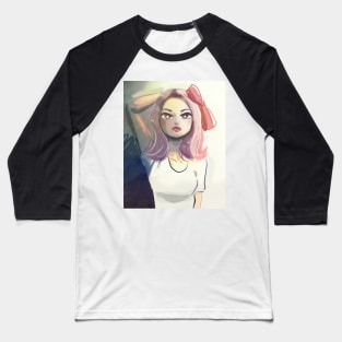 Pink Haired Woman Wearing a Bow Baseball T-Shirt